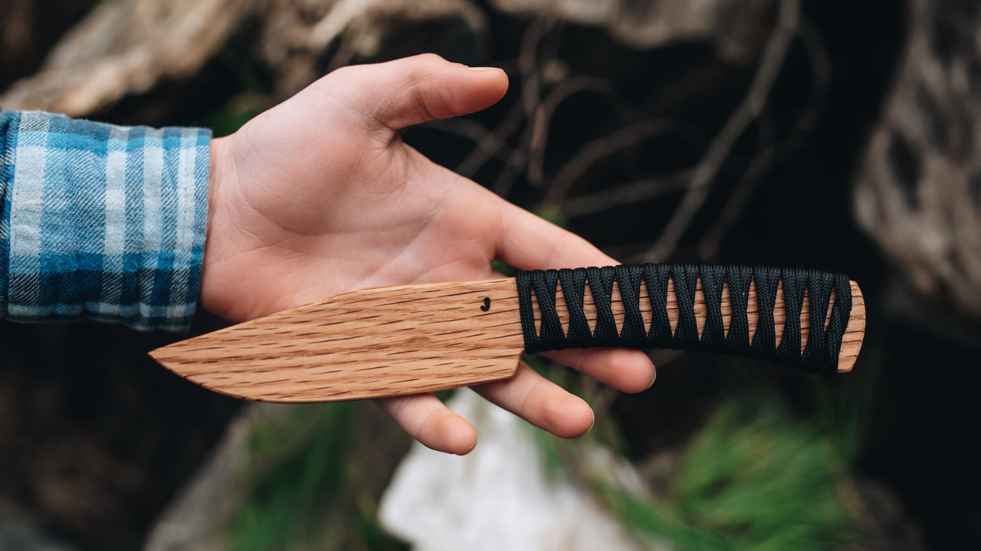 JJ Knives Wrapped Bowie - in black wrap - (Red Oak)